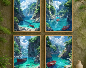 Anime Landscape Poster Set: Japanese Ocean & Mountain Prints