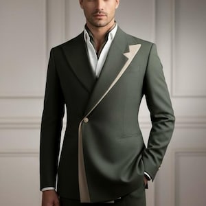 Men&#39;s Olive Green Suit | Asymmetrical 3 Piece, Beige Lapel