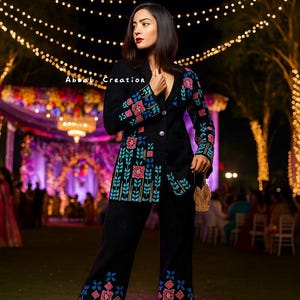 Embroidered Black Coat Trouser Set Elegant Party Outfit