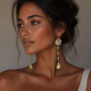 May include: Gold-toned dangle earrings. Each earring features a textured, circular top, a chain of small beads, and a teardrop-shaped charm. The earrings are designed to hang long and are visible against the skin.