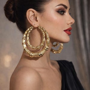 Op de afbeelding: Goudkleurige bamboe-stijl oorringen. De oorbellen zijn groot en hebben een dubbel-hoepelontwerp. Het model draagt een zwarte off-the-shoulder top en heeft rode lippenstift.