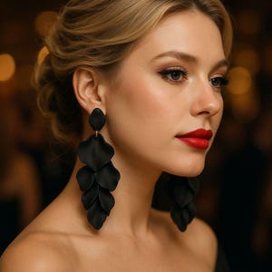 Könnte beinhalten: Schwarze Statement-Ohrringe mit einem geschichteten Blütenblatt-Design. Die Ohrringe sind lang und hängen, mit einem kleinen goldfarbenen Stecker. Die Frau im Bild hat blondes Haar und roten Lippenstift.