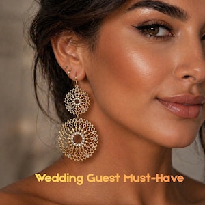May include: Gold-coloured, openwork earrings with a floral design and small, sparkling embellishments. The earrings are circular, with a smaller circle above a larger one. The text "Wedding Guest Must-Have" is displayed in gold.