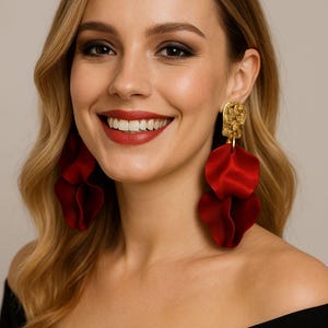 Red Flower Statement Earrings Gold Studs Lightweight Acrylic Petal Jewelry Gift