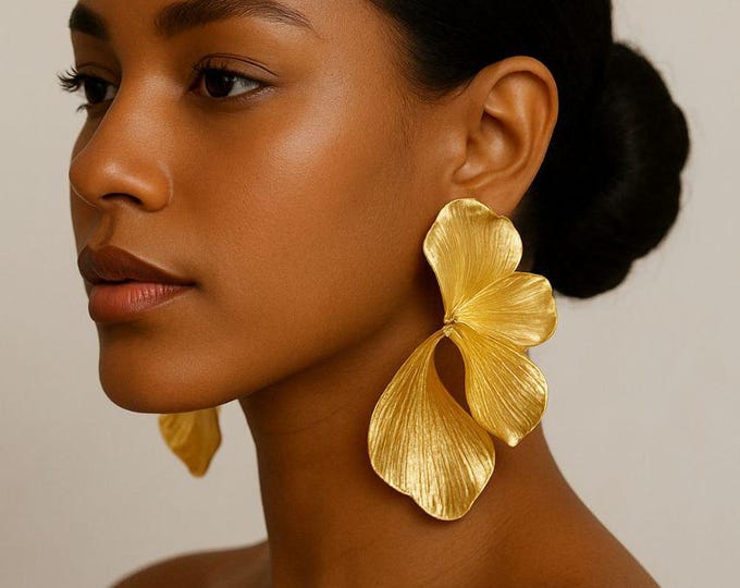 Gold Floral Statement Earrings: Stainless Steel Dangle Jewelry
