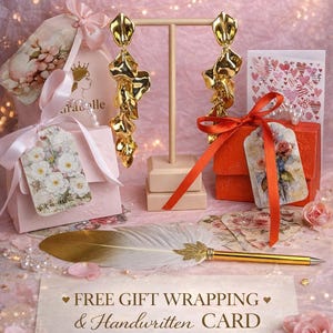 Elegant gift-ready packaging for gold jewelry including a free gift box and a handwritten personalized greeting card from MirabelleUK.