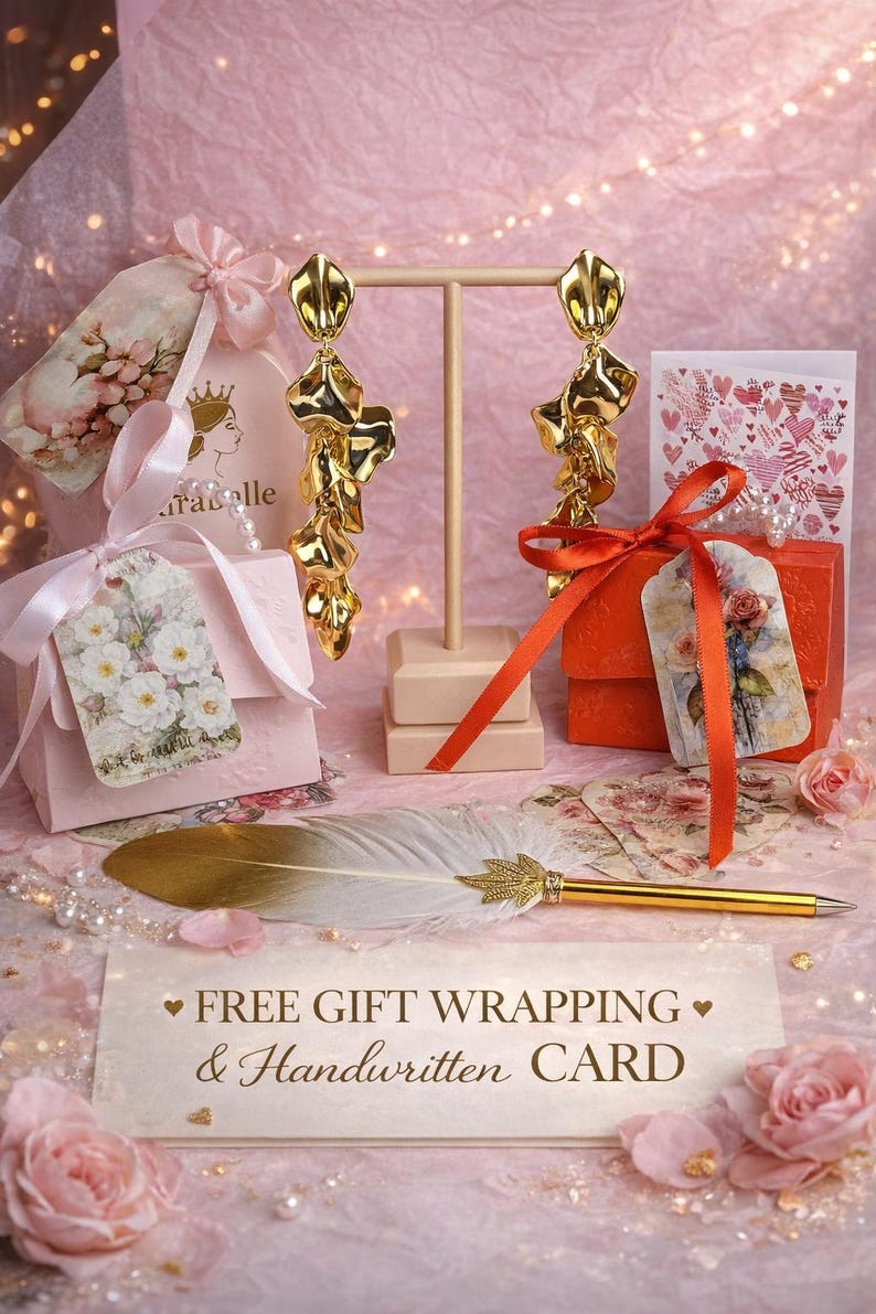 Elegant gift-ready packaging for gold jewelry including a free gift box and a handwritten personalized greeting card from MirabelleUK.