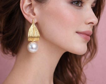Gold Textured Drop Earrings with Pearl, Elegant Statement Jewelry, Gift for Her