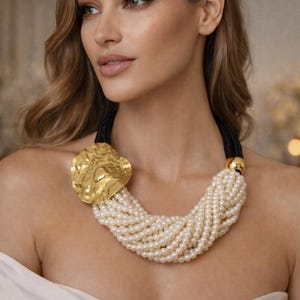 May include: A striking necklace with multiple strands of cream-coloured pearls. The necklace features a black cord and a large, textured gold-coloured pendant on the left. A gold bead accents the back.