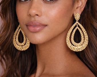 Gold Textured Teardrop Dangle Earrings, Lightweight Statement Jewelry