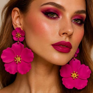 Oversized Pink Flower Earrings Statement Lightweight Bold Floral Drop Jewelry