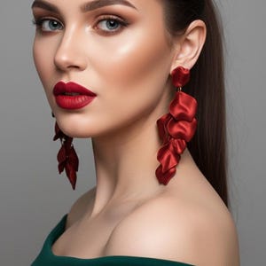以下が含まれることがあります： 赤い口紅をつけた女性と、大きな赤い花びら型のイヤリング。ダークグリーンのオフショルダーのトップスを着ています。髪はポニーテールにまとめられています。背景は無地のグレーです。