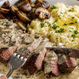 Beef Steak Recipe with Mushroom Garlic Sauce, Mashed Potatoes (Printable Download)