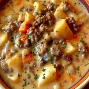 Könnte beinhalten: Nahaufnahme einer herzhaften Suppe in einer braun-weißen Schüssel. Die Suppe enthält Kartoffelstücke, Hackfleisch und gewürfelte Karotten in einer cremigen, hellen Brühe. Frische Petersilie ist darüber gestreut.