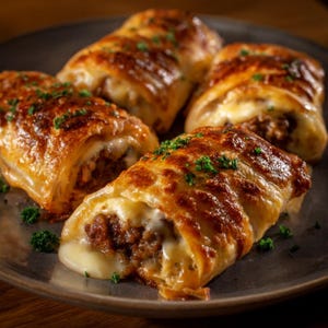 May include: A plate of four golden-brown, baked pastries. The pastries are filled with a savory meat and cheese mixture, with melted cheese visible. Garnished with green herbs, the food is presented on a dark gray plate.