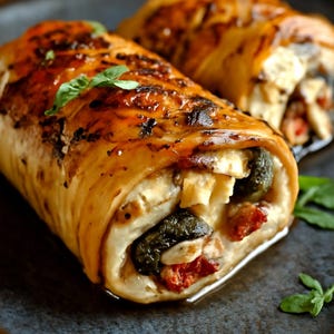 Op de afbeelding: Twee gevulde, gerolde gerechten met een goudbruine, geglazuurde buitenkant, geserveerd op een donker bord. De vulling, zichtbaar aan de uiteinden, toont groene, rode en witte ingrediënten. Verse basilicumblaadjes zijn rond het bord verspreid.