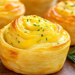 Puede incluir: Primer plano de varios pasteles horneados de color marrón dorado. Los pasteles tienen un diseño en espiral y están cubiertos con un relleno amarillo y hierbas verdes. La imagen está bien iluminada, mostrando las texturas y los detalles de la comida.