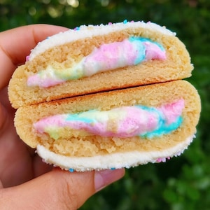 Op de afbeelding: Een gehalveerde koekjessandwich met een kleurrijke vulling. De koekjeshelften zijn lichtbruin met een witte glazuurrand bestrooid met blauwe, roze en paarse hagelslag. De vulling is een werveling van roze, blauw en geel.