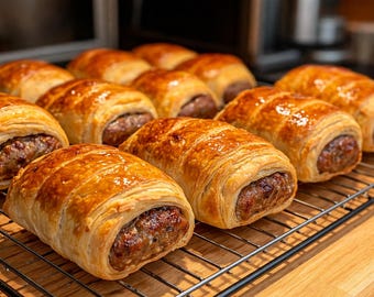 May include: A close-up shot of freshly baked sausage rolls on a wire rack. The golden-brown pastry is flaky and shiny, encasing a savory sausage filling. The rolls are arranged on a metal rack, ready to be served.