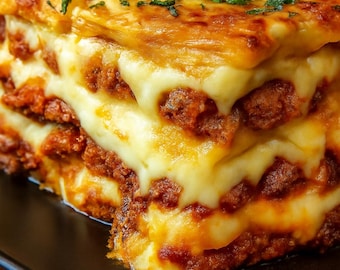 Ricetta per lasagne di manzo fatte in casa, pasto familiare vintage (schema scaricabile)