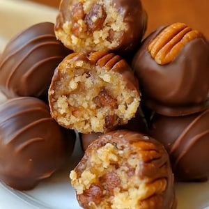 Op de afbeelding: Close-up van chocolade-gecoate pecannotenballen. Sommige zijn heel, andere zijn doorgesneden om een vulling van noten en rozijnen te onthullen. Eén is gegarneerd met een halve pecannoot. De traktaties liggen op een wit bord.