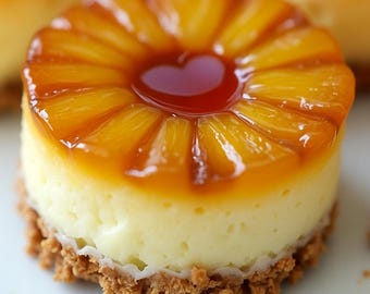 Könnte beinhalten: Nahaufnahme eines Mini-Ananas-Upside-Down-Käsekuchens. Das Dessert hat ein goldbraunes Ananas-Topping mit einem roten Kirschkern, das auf einer cremigen, hellgelben Käsekuchenbasis und einem bröseligen, braunen Boden liegt.