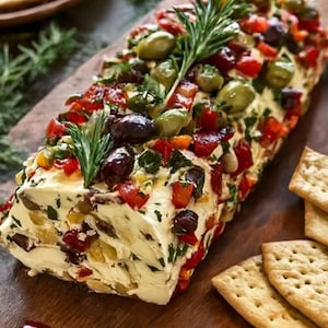 May include: A cheese log with olives, red peppers, and herbs, on a wooden board with crackers. Garnished with rosemary and red berries. A colourful appetizer, perfect for a party or gathering.
