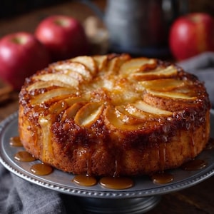 May include: A round apple cake with caramel sauce drizzled over the top, presented on a silver cake stand. The cake is decorated with apple slices arranged in a circular pattern. Red apples are visible in the background.
