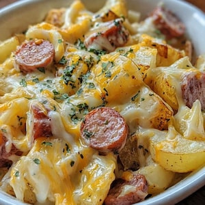 May include: A close-up shot of a bowl filled with a hearty dish. The dish features golden-brown roasted potatoes, sliced sausage, and melted cheese. Fresh green herbs are sprinkled on top, adding a pop of color and freshness to the meal.