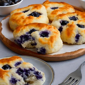 May include: A close-up shot of several golden-brown blueberry scones on a wooden serving tray. The scones have a soft, fluffy texture with visible blueberries baked inside. A small plate with a single scone and a fork are in the foreground.