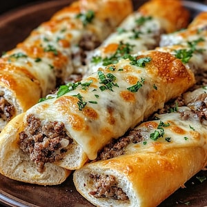 May include: Close-up of several baked submarine sandwiches filled with ground meat and topped with melted cheese and chopped parsley. The bread has a golden-brown crust, and the cheese is bubbly and browned.
