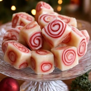 May include: A glass cake stand displays a collection of cube-shaped sweets. Each white sweet has a red spiral pattern on its faces. A red bauble and greenery are in the foreground, with a blurred Christmas tree in the background.
