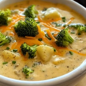 May include: A close-up shot of a creamy, yellow-orange soup in a white bowl. The soup is garnished with bright green broccoli florets, shredded cheddar cheese, and chopped chives. A piece of toasted bread is in the background.