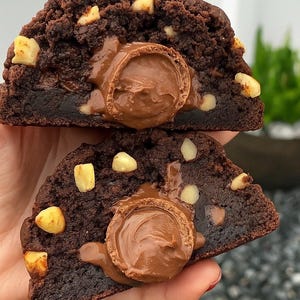 Op de afbeelding: Close-up van twee helften van een chocoladekoekje. De koek is donkerbruin met een zacht, getextureerd uiterlijk. Het is gevuld met een romige, lichtbruine vulling en bezaaid met gehakte noten. De koek wordt in een hand gehouden.