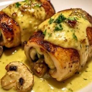Peut inclure: Deux roulés de poulet farcis, recouverts d'une sauce crémeuse jaune et garnis d'herbes fraîches. Des champignons tranchés sont visibles sur l'assiette. Le plat est servi sur une assiette blanche.