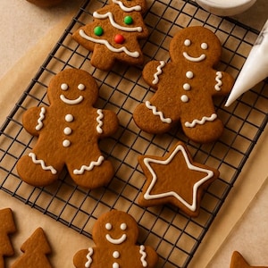 May include: Gingerbread biscuits in the shapes of gingerbread men, a Christmas tree, and stars. The biscuits are decorated with white icing and sit on a wire rack. A bowl of sprinkles and icing are also visible in the image.