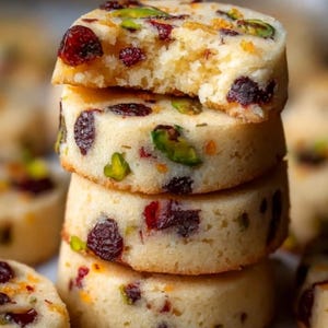 May include: A stack of four round cookies with a light beige color. The cookies are studded with red cranberries, green pistachios, and orange zest. One cookie has a bite taken out of it, revealing the soft interior.