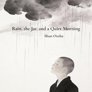 Pode incluir: Ilustração de uma pessoa em um manto preto com os olhos fechados, sob um céu nublado com chuva. O texto diz "Rain, the Jar, and a Quiet Morning" de Shun Otoha.