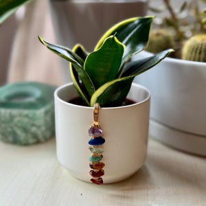 May include: A white ceramic plant pot containing a snake plant with yellow-edged green leaves. A gold-toned metal clip hangs from the rim, featuring a vertical row of seven small, polished, multi-colored gemstone chips in purple, blue, and red hues.