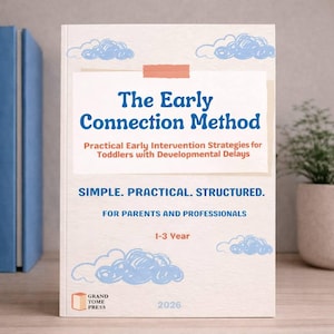 Puede incluir: Un libro titulado "The Early Connection Method" con texto azul sobre fondo blanco. La portada presenta ilustraciones de nubes azules y el texto "Practical Early Intervention Strategies for Toddlers with Developmental Delays."