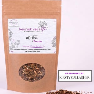 May include: A brown paper bag of "NeurodiversiTea ADH Tea Focus" with a clear window showing tea leaves. The bag has text including ingredients and "As Featured By Kirsty Gallagher". The bag contains 50g of tea.