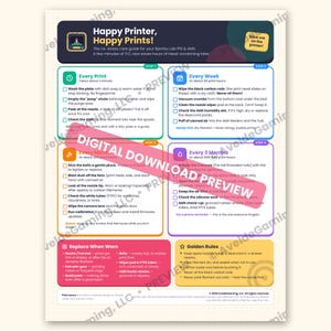 Könnte beinhalten: Ein Wartungsleitfaden für Bambu Lab P1S und AMS 3D-Drucker mit dem Titel Happy Printer, Happy Prints! Das Dokument enthält farbcodierte Abschnitte für wöchentliche, monatliche und vierteljährliche Aufgaben, einschließlich der Reinigung von Stangen.