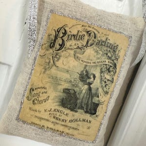 Bolsita para partituras vintage de Birdie Darling, color lavanda francesa, adornada con purpurina líquida plateada