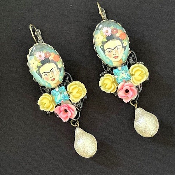 Frida Kahlo earrings with pastel flowers, rhinestones and beads #44