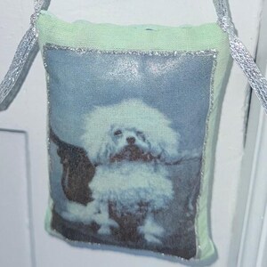 Bolsita verde - Perro caniche - Lavanda francesa - Adornada con purpurina líquida plateada