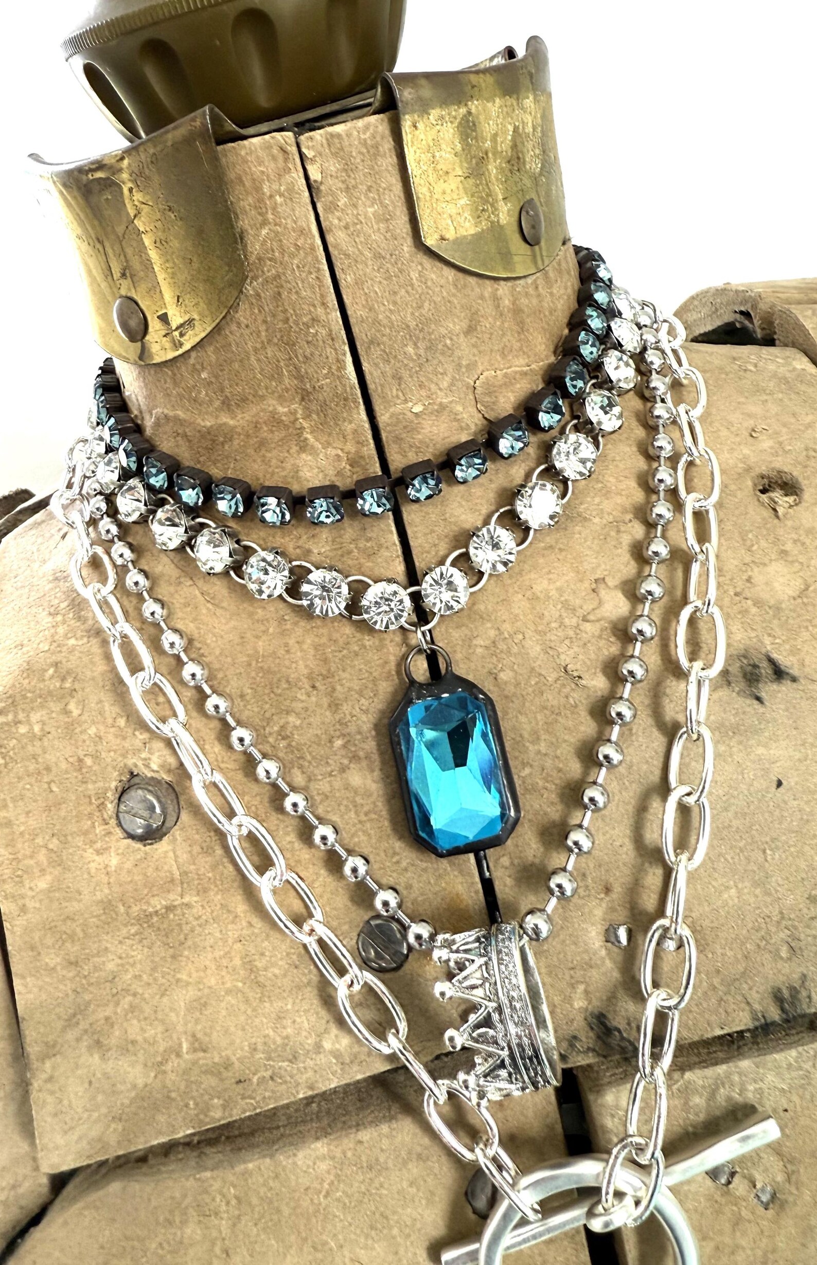 Soldered Blue Layered Necklace - Crown, Blue Soldered Pendant, Rhinestone Blue Choker ...