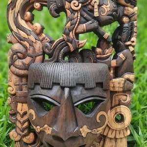 Mayan Mask with the Emplumada Serpent Kukulkan / Mayan Mask Of Kukulkan Snake with Mictlántecutli God Aztec