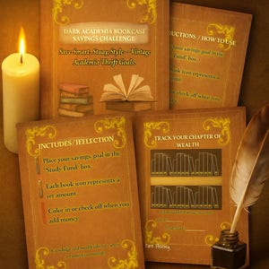 May include: A digital download featuring a Dark Academia Bookcase Savings Challenge. The design includes four pages with instructions, a candle, a quill, and ink. The text includes "Save Smart, Study, Style - Vintage Academia Thrift Goals."