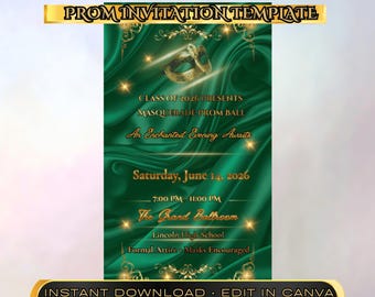 Masquerade Prom Invitation Template, Green Gold Formal Ball Invite (Instant Download)