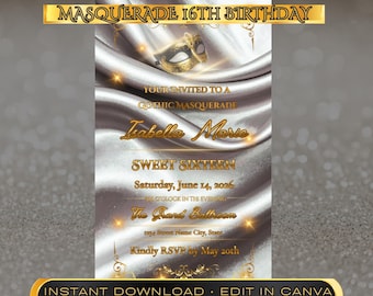 Sweet 16 Masquerade Invitation – Elegant Silver Mask Birthday Template (Digital Download)